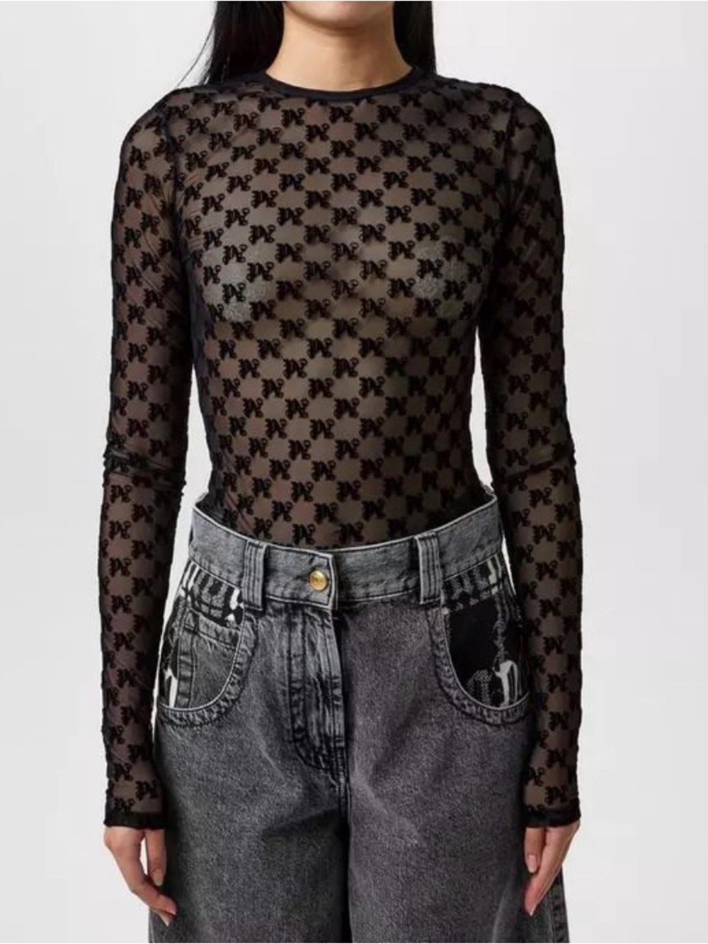 Palm Angels Black Sheer Mesh Logo Long Sleeve Top